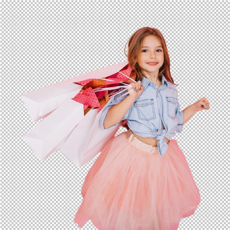 PSD increíble chica linda con el cabello largo moreno caminando con paquetes blancos aislados en fondo rosa poca felicidad expresando verdaderas emociones positivas a la cámara lugar para el texto