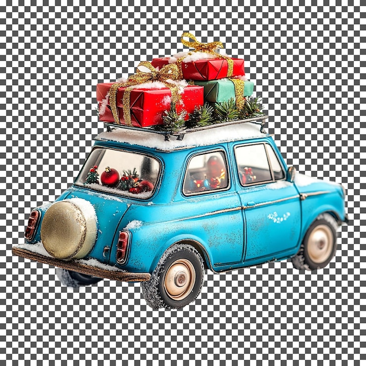 PSD un increíble coche azul con un árbol de navidad aislado en un fondo transparente