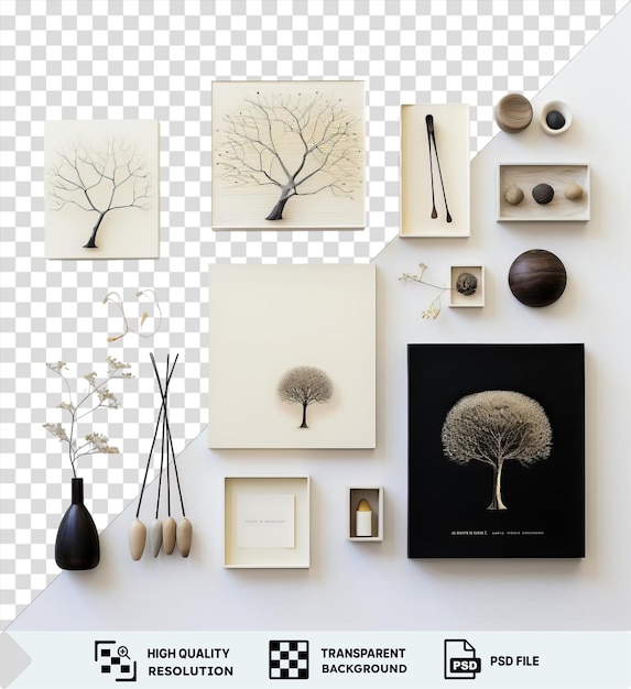 Increíble colección de arte de lujo exhibido en una pared blanca adornada con un jarrón negro pequeño árbol y imagen blanca