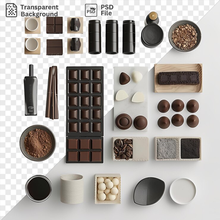 PSD increíble conjunto de degustación de chocolate gourmet exhibido en un fondo transparente acompañado de una botella negra