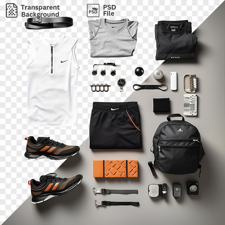 PSD increíble conjunto de entrenamiento profesional de culturismo y fitness con auriculares negros y una pared blanca y negra