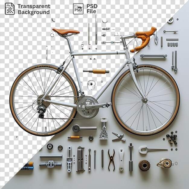 PSD increíble conjunto de herramientas de construcción de bicicletas personalizadas exhibidas en una pared blanca con un asiento marrón y naranja, herramientas de plata y metal y una herramienta de plata y metalo