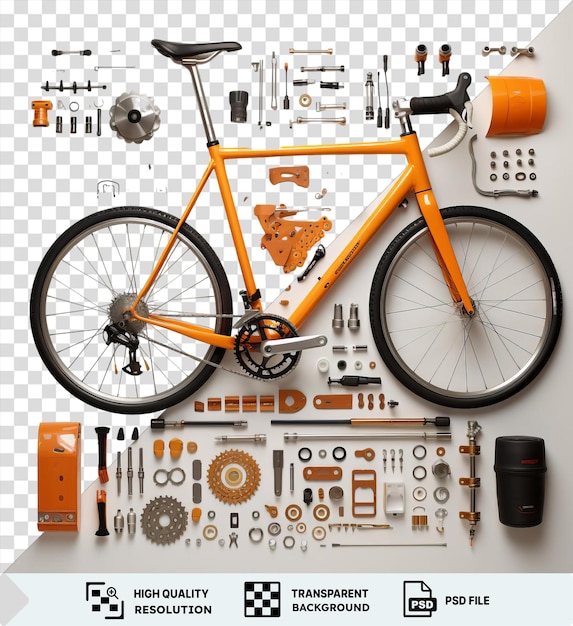 PSD increíble conjunto de herramientas de construcción de bicicletas personalizadas exhibidas en una pared blanca con una rueda negra y un engranaje naranja