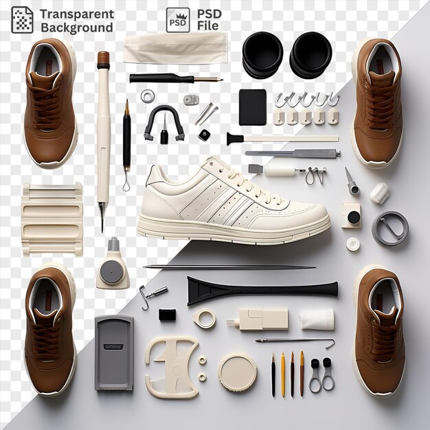 PSD increíble conjunto de herramientas de diseño de zapatillas personalizadas mostradas en un fondo transparente con un zapato marrón pluma negra y pluma blanca