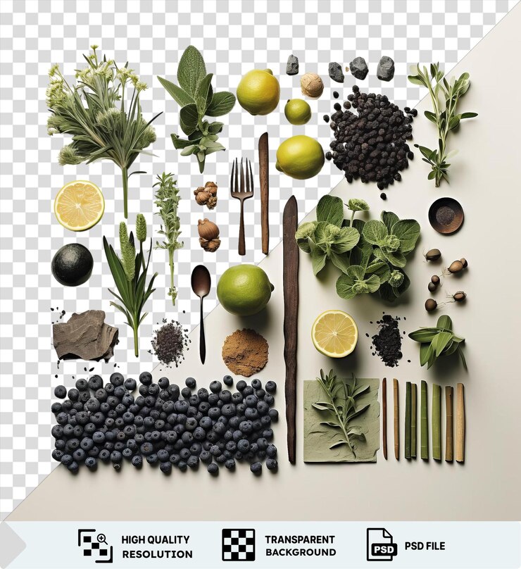 PSD increíble conjunto de jardinería orgánica y compostaje con una variedad de frutas y verduras, incluidas hojas verdes, limones y un tenedor de plata exhibido sobre un fondo transparente
