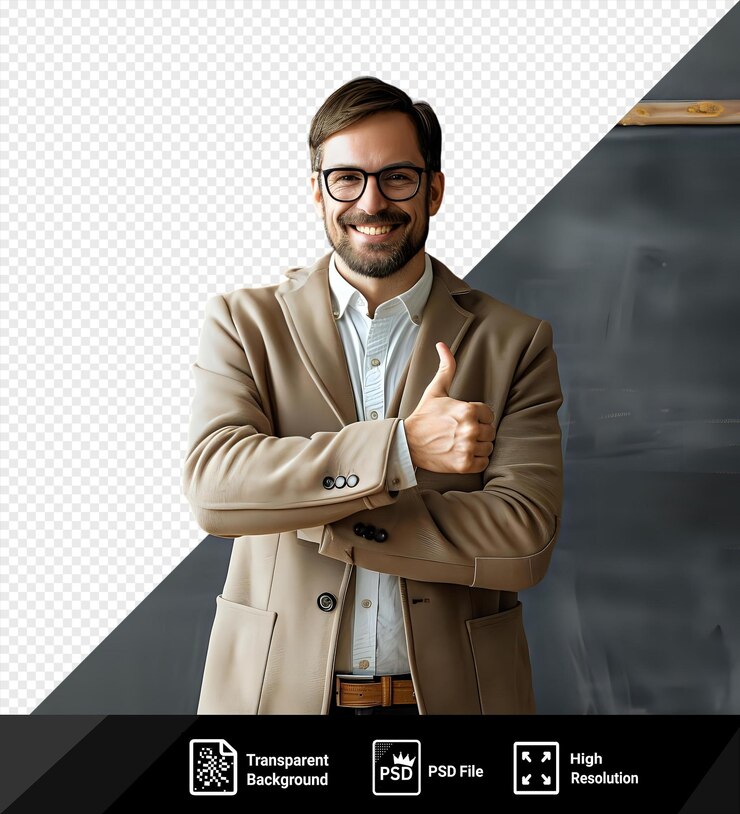 increíble contento mostrando el pulgar hacia arriba joven maestro de sexo masculino de pie frente a la sala de clases de pizarra