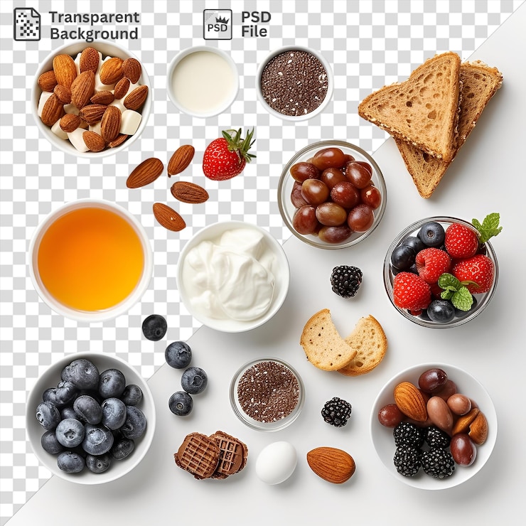 PSD increíble desayuno alimentos establecidos en un fondo transparente con una variedad de cuencos y platos, incluyendo un pequeño cuenco blanco un cuenco branco una fresa roja un huevo blanco y un marrón