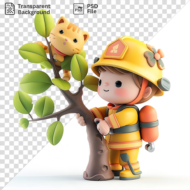 PSD increíble dibujos animados de bomberos en 3d rescatando a un gato de un árbol con un sombrero amarillo y sosteniendo un juguete con un ojo negro visible en el fondo