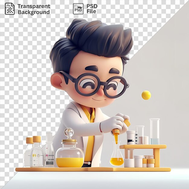 increíble dibujos animados de científicos en 3D realizando un experimento en una mesa de madera rodeada de varias botellas