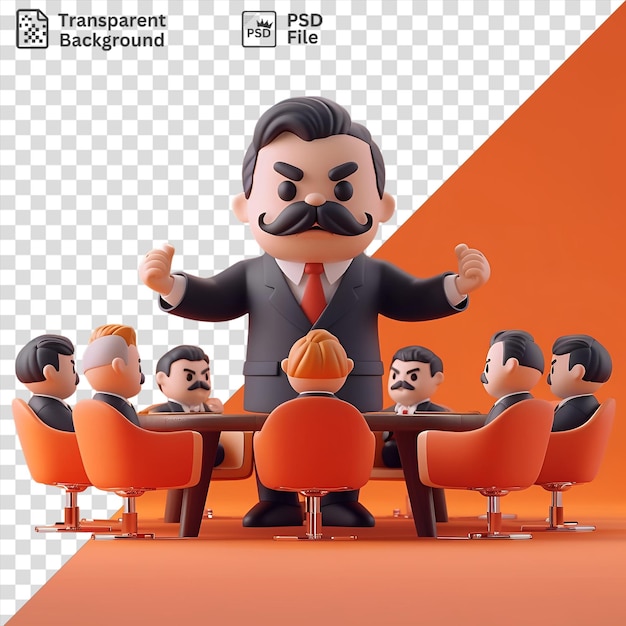 PSD increíble dibujos animados de jefe de la mafia en 3d liderando una reunión rodeado de sillas naranjas y una mesa de madera con una corbata roja y cabello negro con una mano blanca visible en primer plano