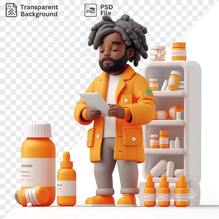 PSD increíble dibujos animados de traficantes de drogas en 3d vendiendo sustancias ilegales en un estante blanco rodeado de botellas de naranja y un juguete con una cara y cabello negros y una mano visible en primer plano