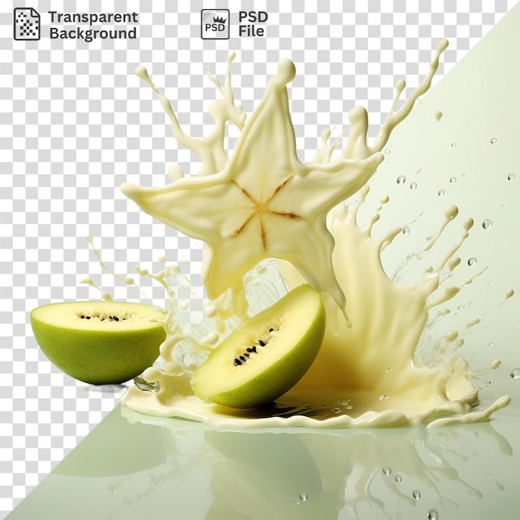 PSD increíble foto de una manzana verde comida a la mitad y un plátano descascarado a la mitad sentados en un plato blanco en una mesa blanca con un reflejo brillante visible en el fondo