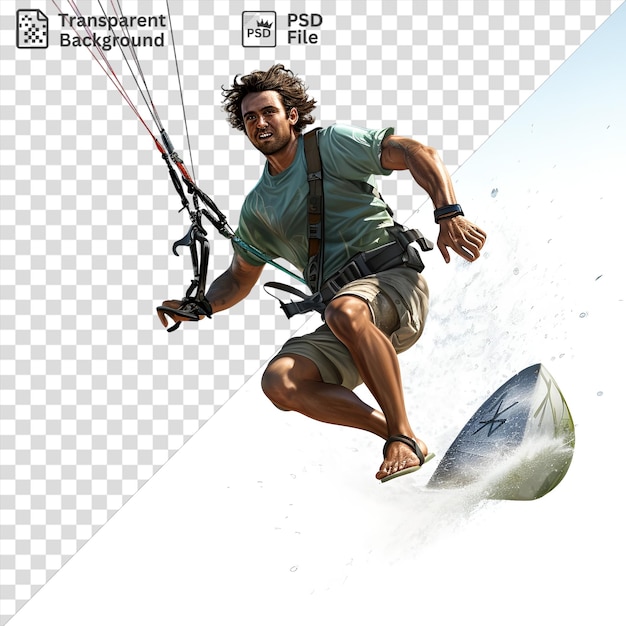 Increíble fotografía realista de kitesurfistas volando contra un cielo azul claro con un hombre con una camisa verde y pantalones cortos de color caqui y una correa negra visible en primer plano