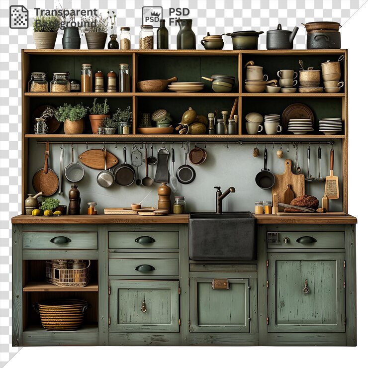 PSD increíble fotográfica panaderos cocina con estantes de madera cajones y gabinetes con una variedad de ollas y sartenes en una encimera marrón