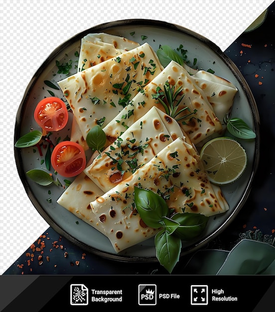 Increíble gozleme comida servida en un plato con un limón y una hoja verde en una mesa negra