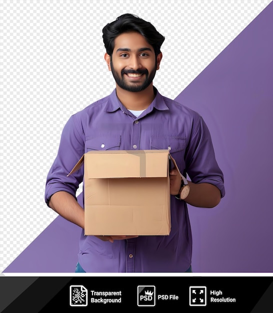 Increíble indio asiático hombre de entrega guapo con caja y lista de comprobación frente a la pared púrpura con camisa azul y púrpura barba negra y cabello negro con un reloj de plata en la muñeca png