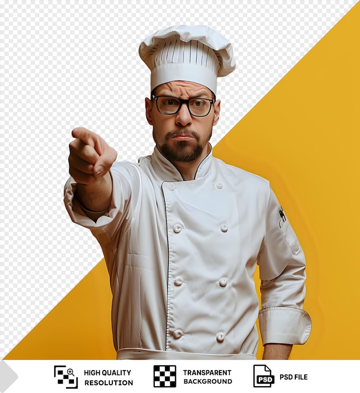 PSD increíble joven chef fruncido el ceño con gafas uniforme y gorra mirando y apuntando a la cámara