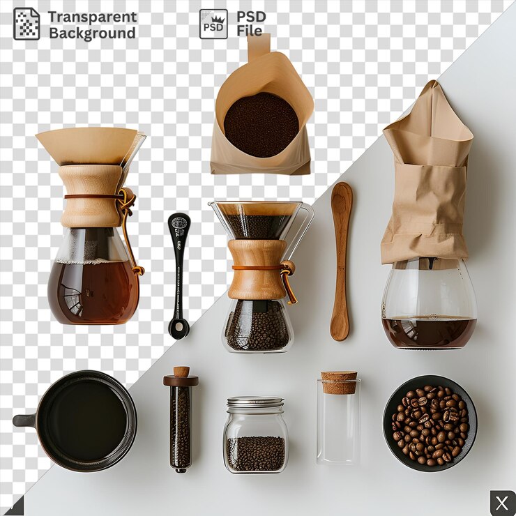 PSD increíble juego de elaboración de café exhibido en una pared blanca acompañado de una cuchara de madera de bolsa marrón y un cuenco negro