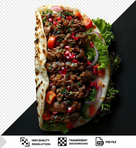 Increíble kebab iskender con carne y verduras sobre un fondo negro