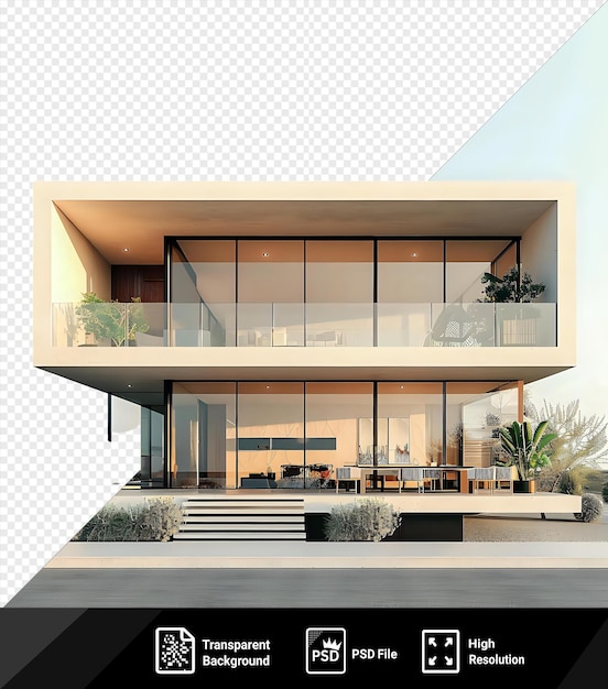 PSD increíble maqueta de una casa de lujo en el desierto con una gran ventana de vidrio y un paso blanco rodeado por un pequeño arbusto verde y un cielo azul png psd