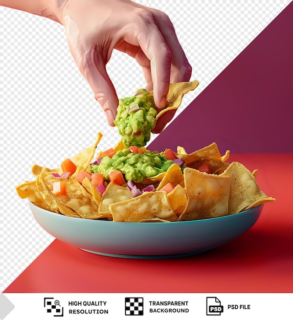 Increíble maqueta de una mano sumergiendo nachos en salsa de guacamole en una mesa roja rodeada de papas fritas y un cuenco blanco y azul con una sombra roja en el fondo png