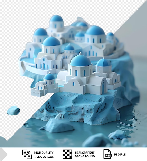 PSD increíble modelo 3d de la caldera de santorini con un edificio azul y blanco y una cúpula azul en un fondo de agua azul y un edificio blanco y azul