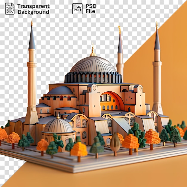 PSD increíble modelo 3d de la hagia sophia con un edificio con una cúpula y rodeado de árboles verdes en contra de un cielo naranja