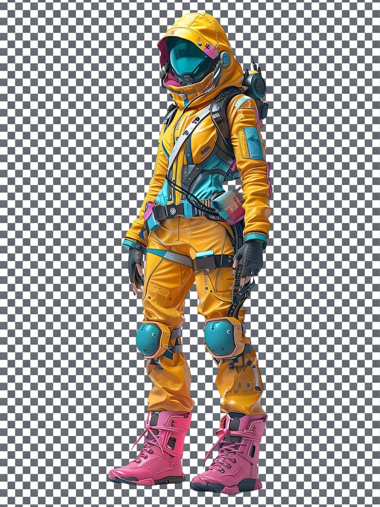 PSD increíble personaje futurista de cazador de recompensas aislado en un fondo transparente