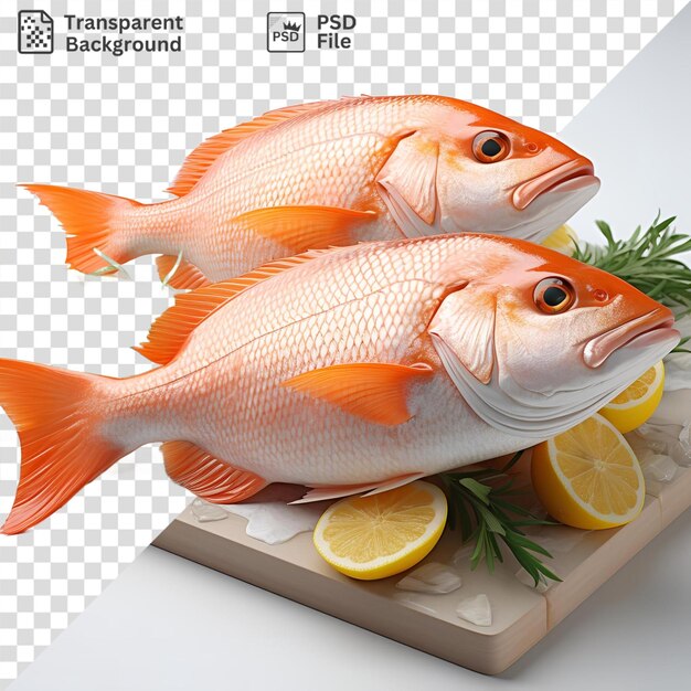 PSD increíble pescado naranja y limones en una tabla para cortar