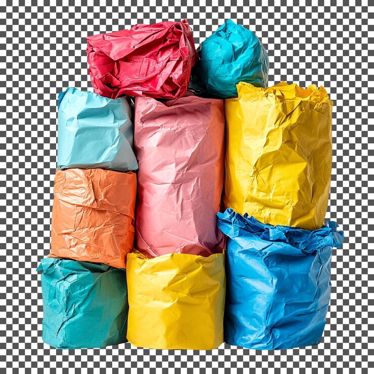 PSD increíble pila de bolsas de papel con papel amarillo y rojo en una cuadrícula aislada sobre un fondo transparente