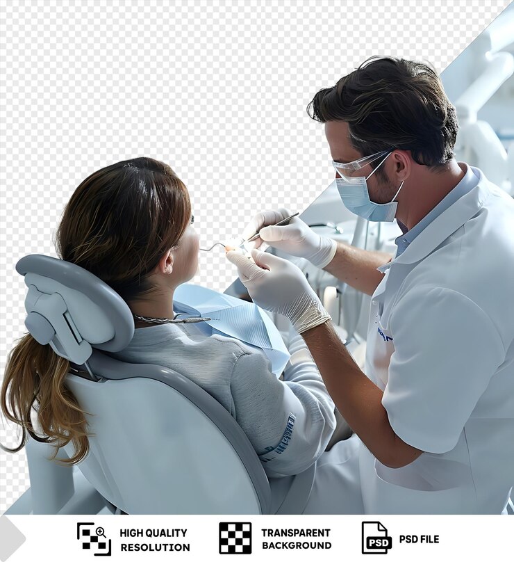 PSD increíble restauración de dientes en una clínica dental un hombre blanco con una camisa blanca y gafas de plata se encuentra frente a una pared azul y blanca sosteniendo un guante de plástico y blanco tiene cabello marrón y png