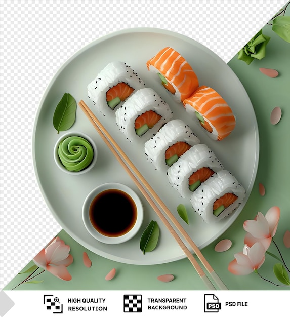 PSD increíble sushi kushiyaki servido en un plato blanco con palillos rodeados de flores rosas y una hoja verde sobre un fondo verde y transparente