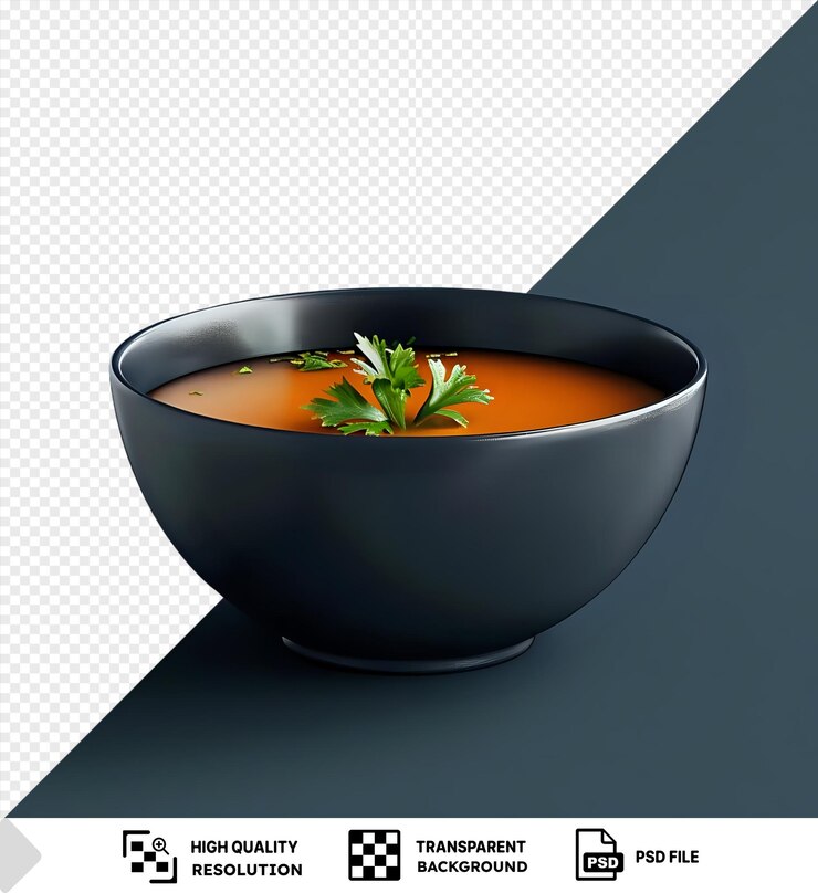 PSD increíble tazón de sopa en una mesa azul con una sombra oscura