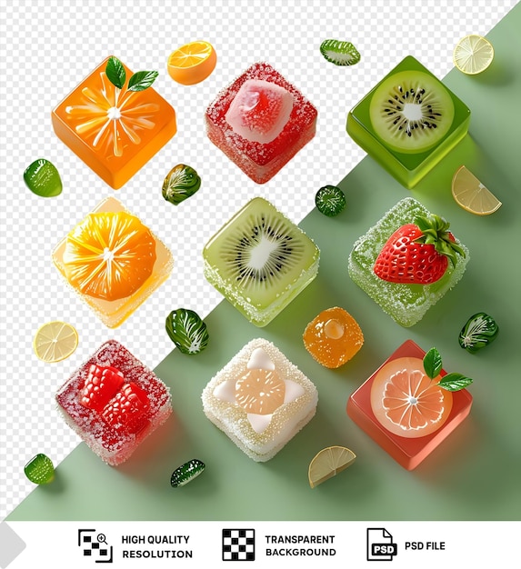 Increíble variedad de coloridos dulces de jalea de frutas incluyendo naranjas en rodajas limones y una fresa roja dispuestos en una mesa verde con una hoja verde en el fondo png psd