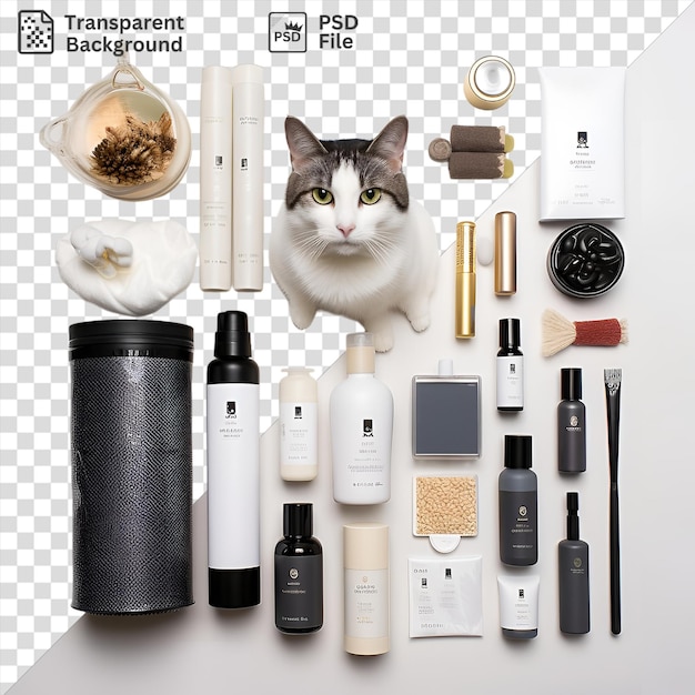 Increíbles artículos esenciales para el cuidado de mascotas en un fondo transparente con una botella negra un gato blanco una oreja negra y gris una botella blanca una botella branca y negra y un