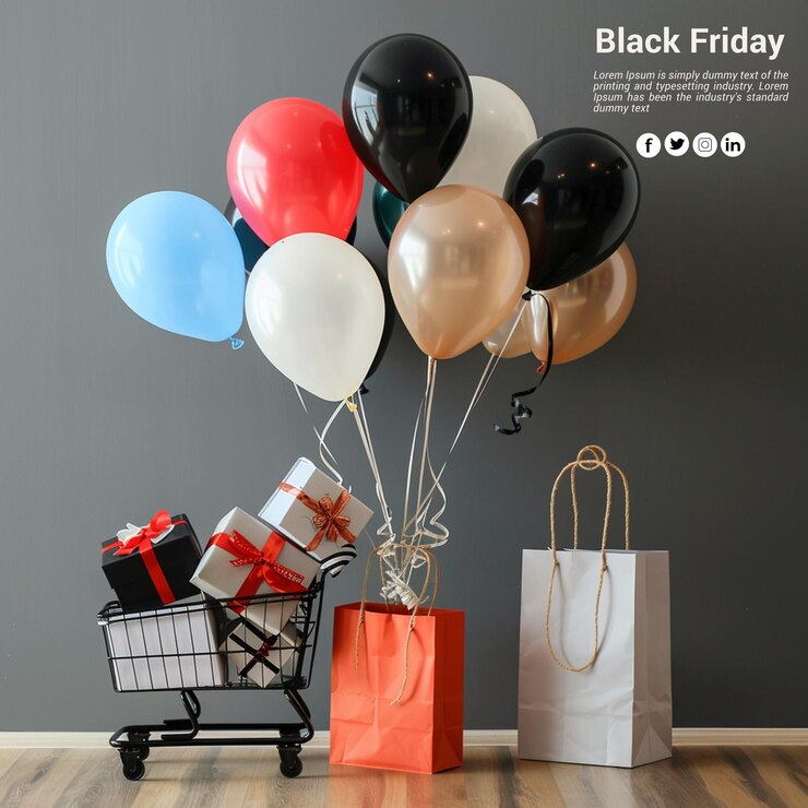 PSD increíbles compras del black friday con globos y cajas de regalo.