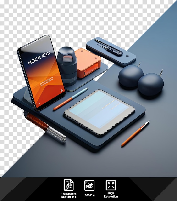 PSD increíbles renderizaciones de photoshop de un teléfono celular y varios objetos en una mesa azul incluyendo un bolígrafo naranja un bolígrafos gris y plateado y una caja naranja
