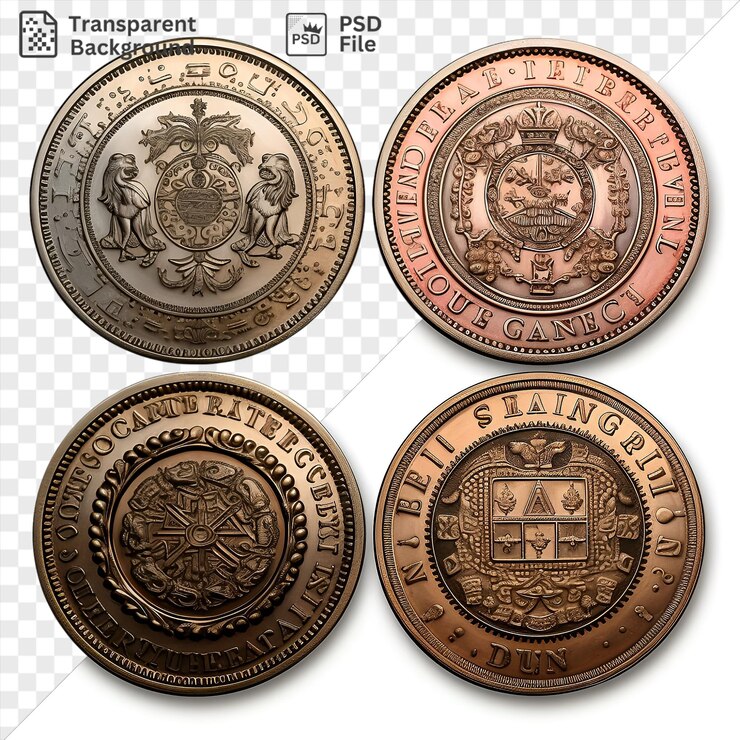 PSD incríveis numismáticos fotográficos realistas moedas raras, incluindo moedas douradas castanhas e brancas, são exibidas em uma parede branca em frente a um grande edifício