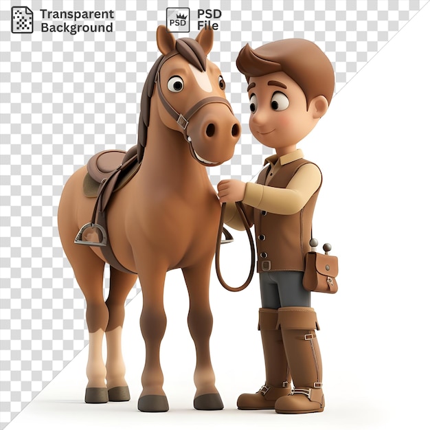 PSD incrível desenho animado de treinador de cavalos de corrida 3d preparando um precioso cavalo de pura raça com um brinquedo e botas castanhas visíveis em primeiro plano enquanto os cavalos olho preto e perna branca estão no fundo