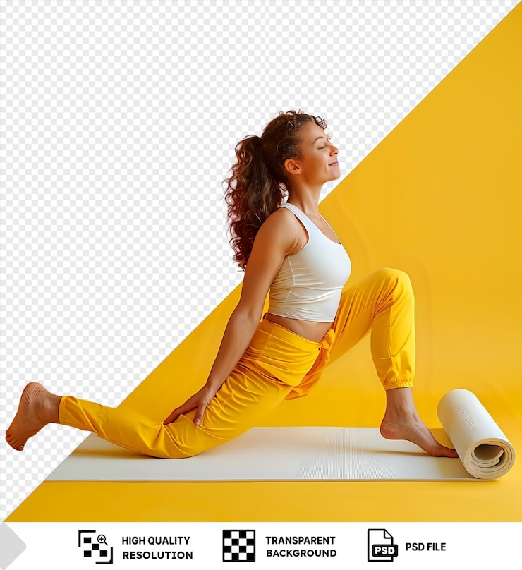 PSD incroyable instructeur de yoga serein qui démontre une pose avec un tapis mettant en valeur ses pieds nus et ses longs cheveux bruns tandis que sa jambe jaune et sa main ajoutent un pop de couleur à la scène png