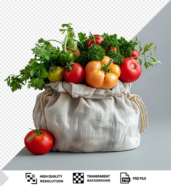 PSD incroyable maquette de légume frais dans un sac recyclable avec des tomates rouges, des pommes jaunes et rouges et une tige verte contre un mur gris et blanc avec une ombre sombre en arrière-plan png