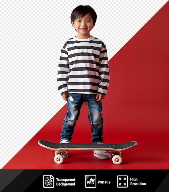 PSD incroyable mignon garçon asiatique en chemise rayée avec un skateboard png