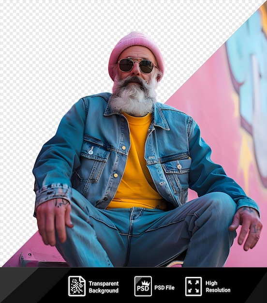 PSD incroyable patineur mature avec barbe grise et chapeau rose est assis sur un banc devant un mur rose portant une veste bleue une chemise jaune et un jean bleu il accessoires avec png