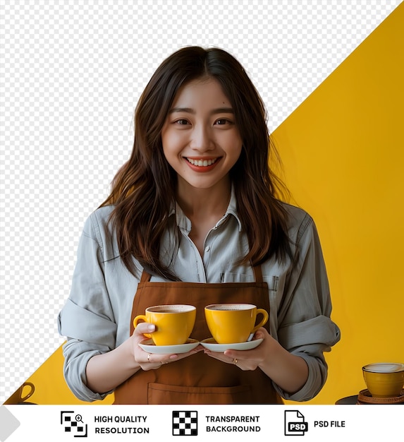 PSD incroyable petite femme d'affaires isolée propriétaire ou barista avec un tablier tenant une tasse de café sur une table en bois avec un mur jaune en arrière-plan elle porte une chemise grise et a de longs cheveux bruns