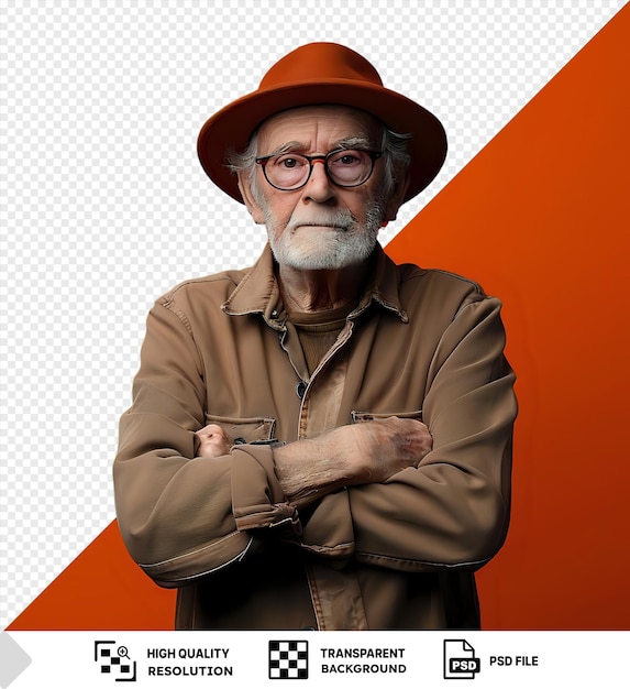 PSD incroyable portrait en pleine longueur d'un homme âgé avec des lunettes et un chapeau posant avec les bras croisés contre un mur orange portant une chemise brune et un visage gris avec une main visible au premier plan