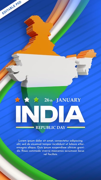 PSD india republic day 26. januar banner mit dreifarbiger karte isometrisch