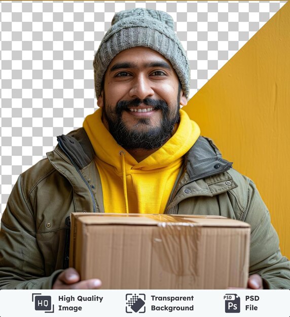 Indian Premium Asiatique Beau Livreur Avec Boîte Et Liste De Contrôle Sur Le Mur Jaune Portant Une Veste Grise Et Un Foulard Jaune Avec Barbe Noire Gros Nez Et Yeux Bruns