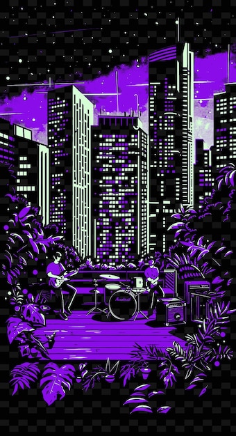 PSD indie-pop-band spielt in einem städtischen dachgarten mit skyscr-illustration-musikposter-designs
