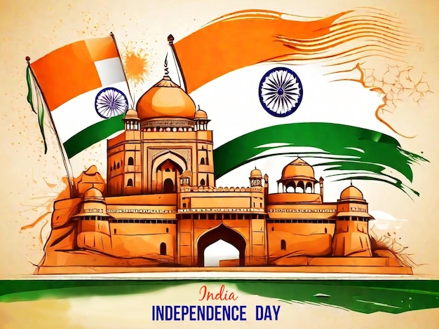PSD indiens unabhängigkeitstag hintergrund mit orangefarbener festungsskizze