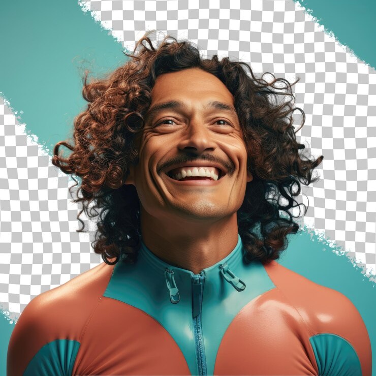 PSD índio do pacífico mergulhador nostálgico homem em vestuário subaquático cabelos ondulados olhos fechados sorrindo pastel turquesa